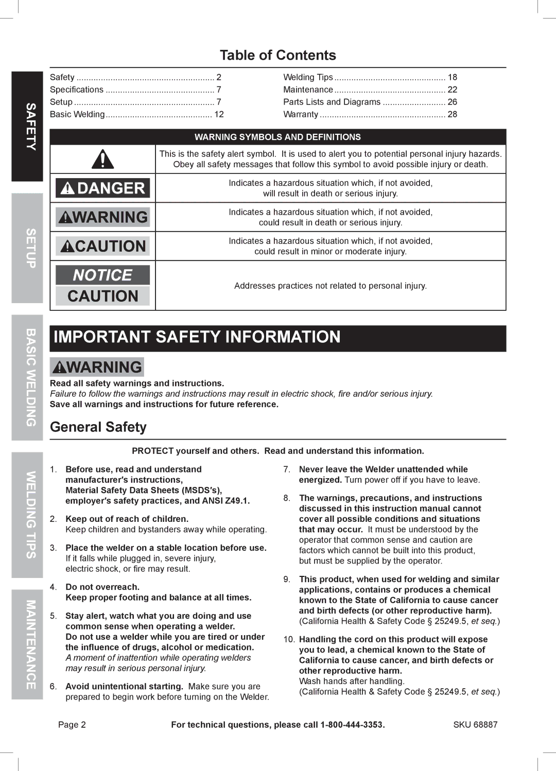 Chicago Electric 68887 manual Table of Contents, General Safety 