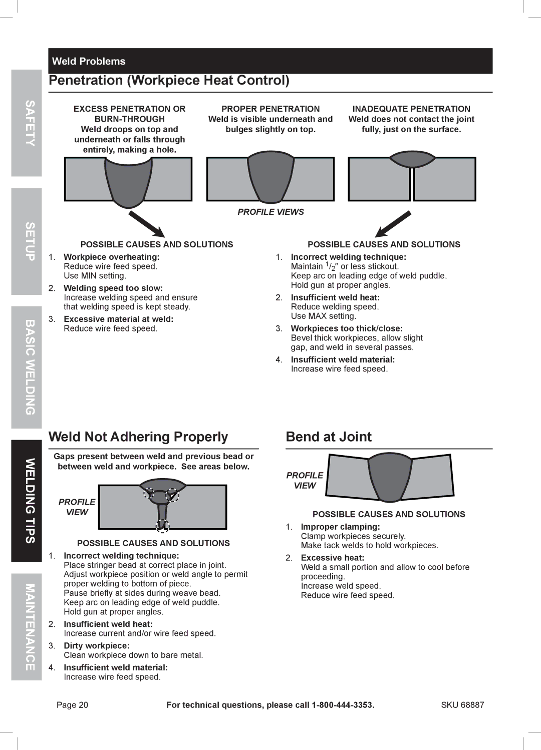 Chicago Electric 68887 manual Penetration Workpiece Heat Control, Weld Not Adhering Properly, Bend at Joint, Weld Problems 