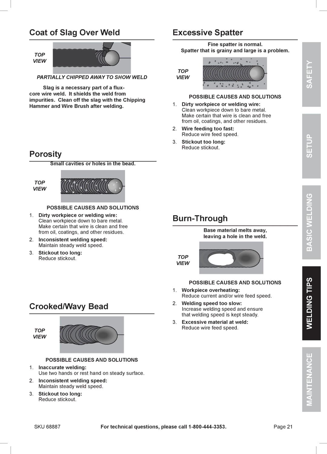 Chicago Electric 68887 manual Coat of Slag Over Weld, Porosity, Crooked/Wavy Bead, Excessive Spatter, Burn-Through 