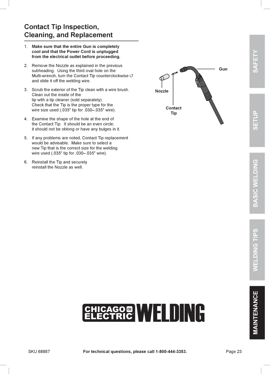 Chicago Electric 68887 manual Contact Tip Inspection, Cleaning, and Replacement, Nozzle Contact Tip Gun 