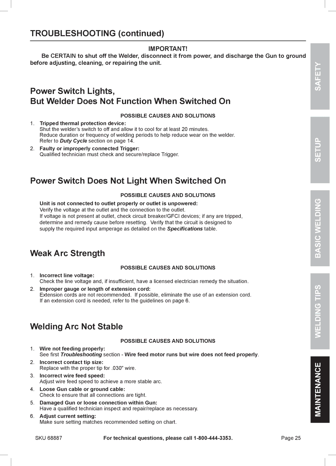 Chicago Electric 68887 manual Troubleshooting, Power Switch Does Not Light When Switched On, Weak Arc Strength 