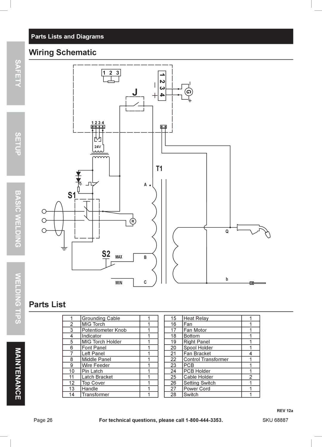 Chicago Electric 68887 manual Wiring Schematic, Parts Lists and Diagrams 