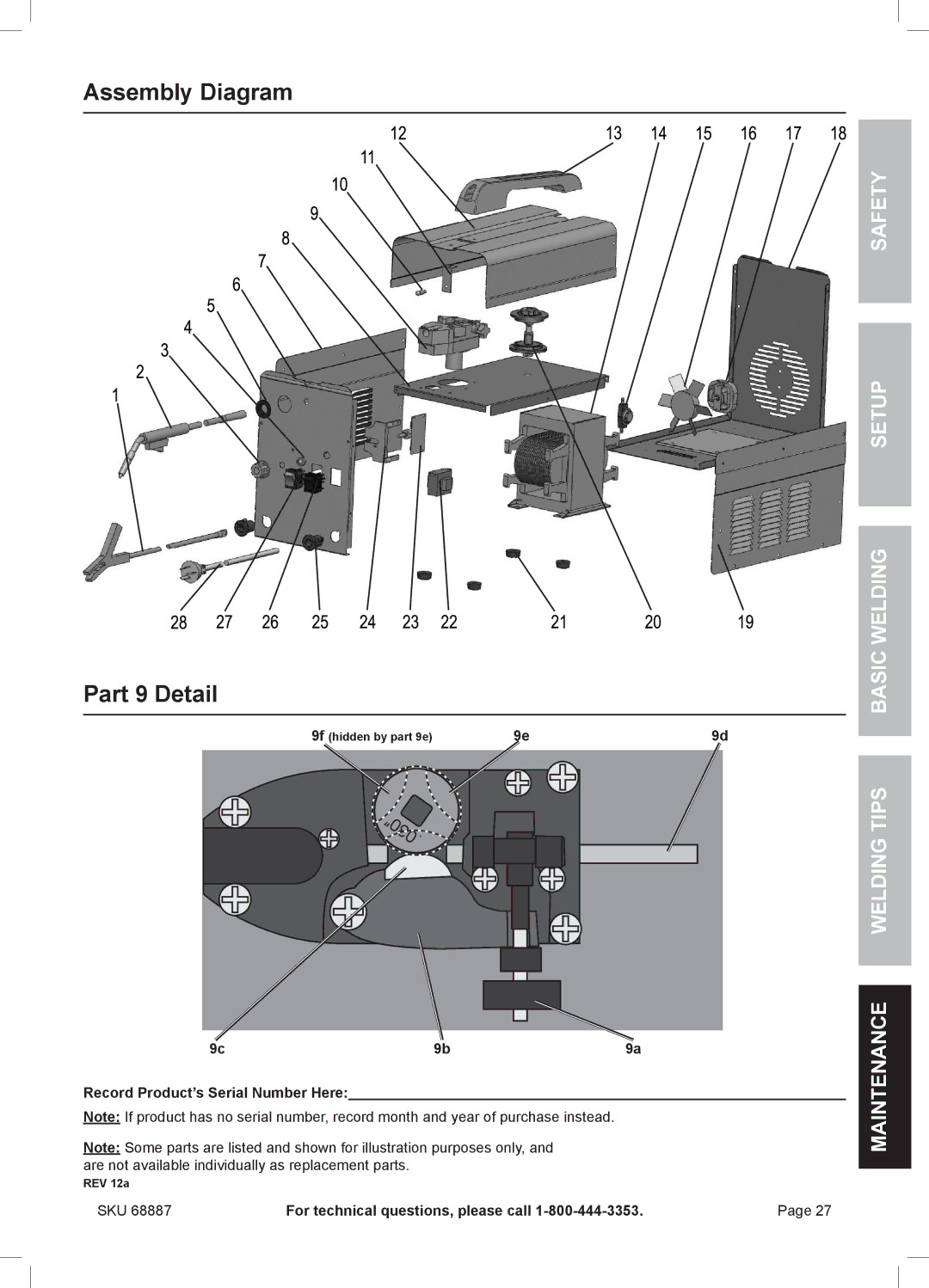 Chicago Electric 68887 manual Assembly Diagram Part 9 Detail, Record Product’s Serial Number Here 