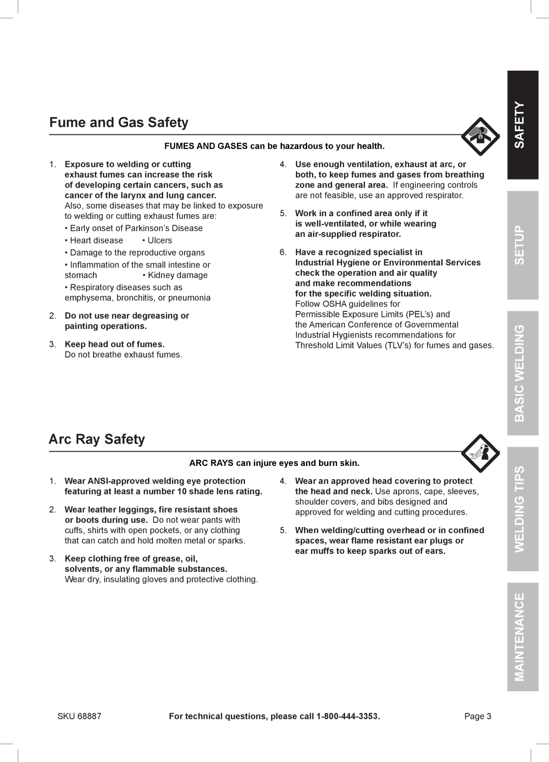 Chicago Electric 68887 manual Fume and Gas Safety, Arc Ray Safety, Fumes and Gases can be hazardous to your health 