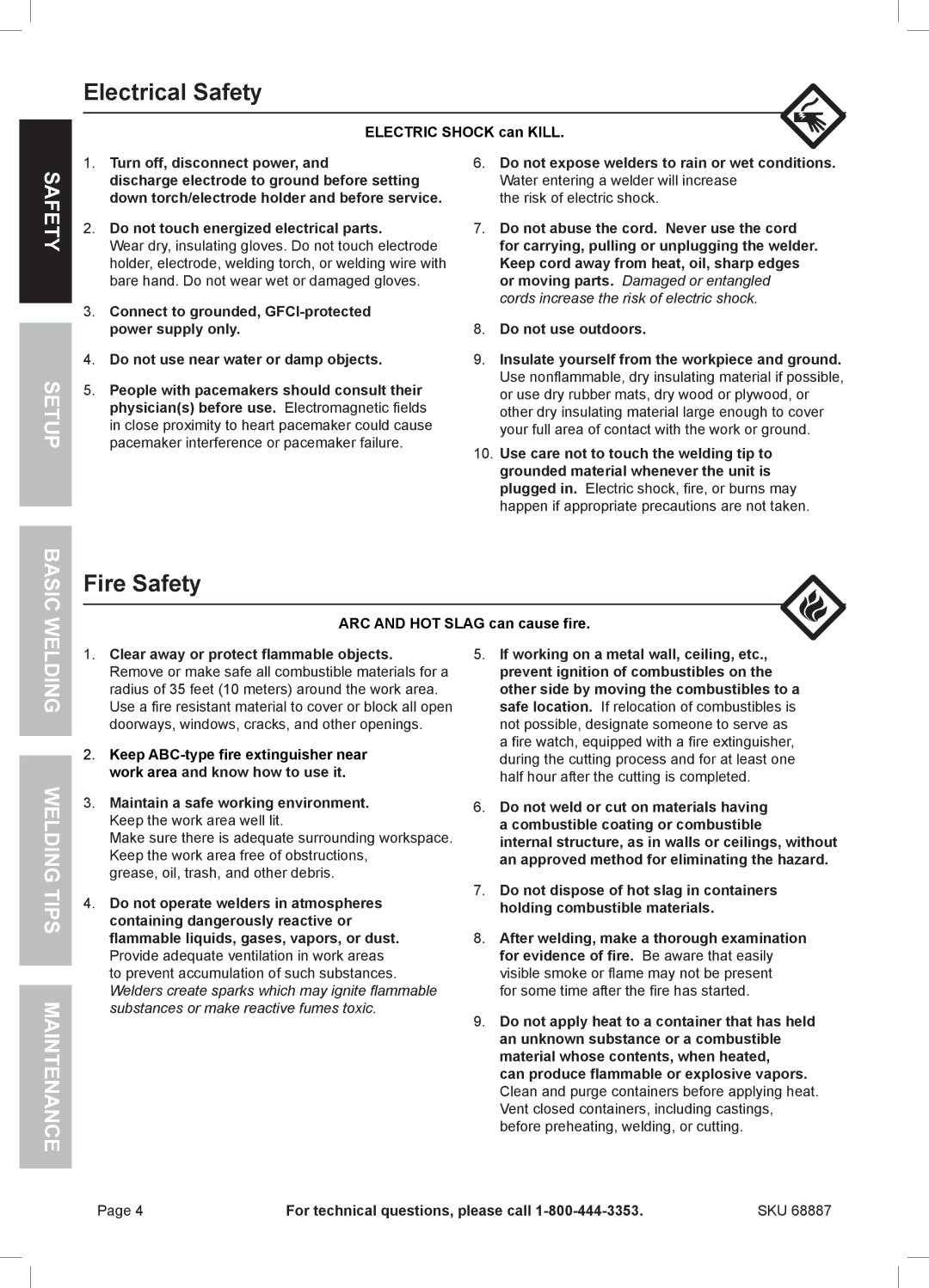 Chicago Electric 68887 manual Electrical Safety, Fire Safety, Safety Setup, Basic, Welding Welding Tips Maintenance 