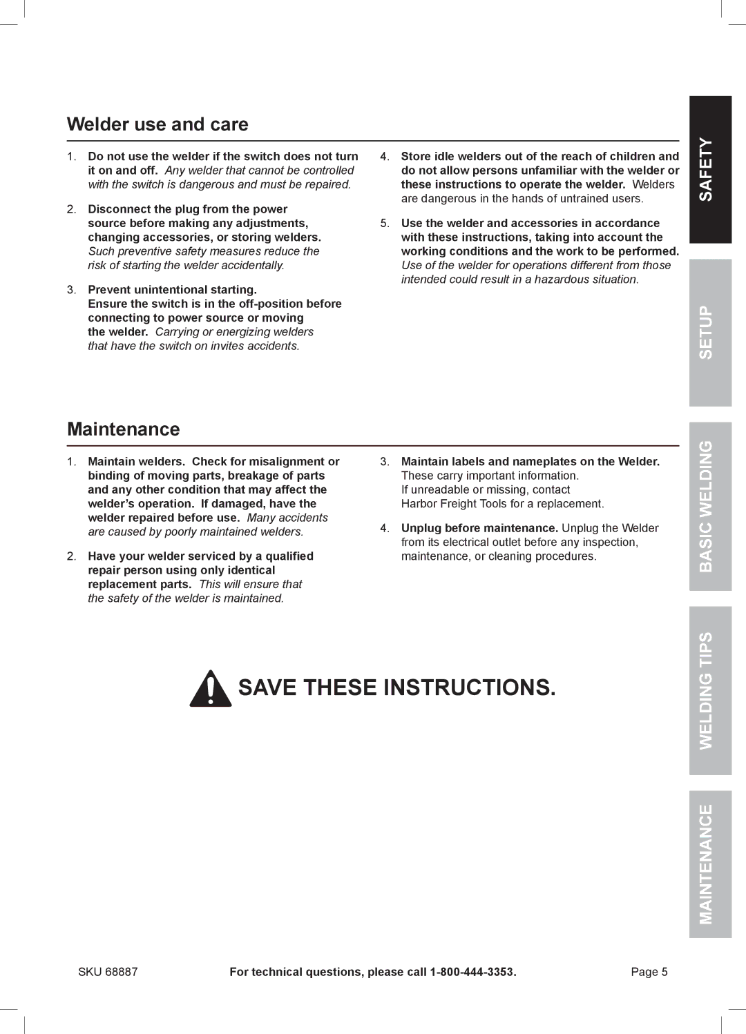 Chicago Electric 68887 manual Welder use and care, Maintenance 