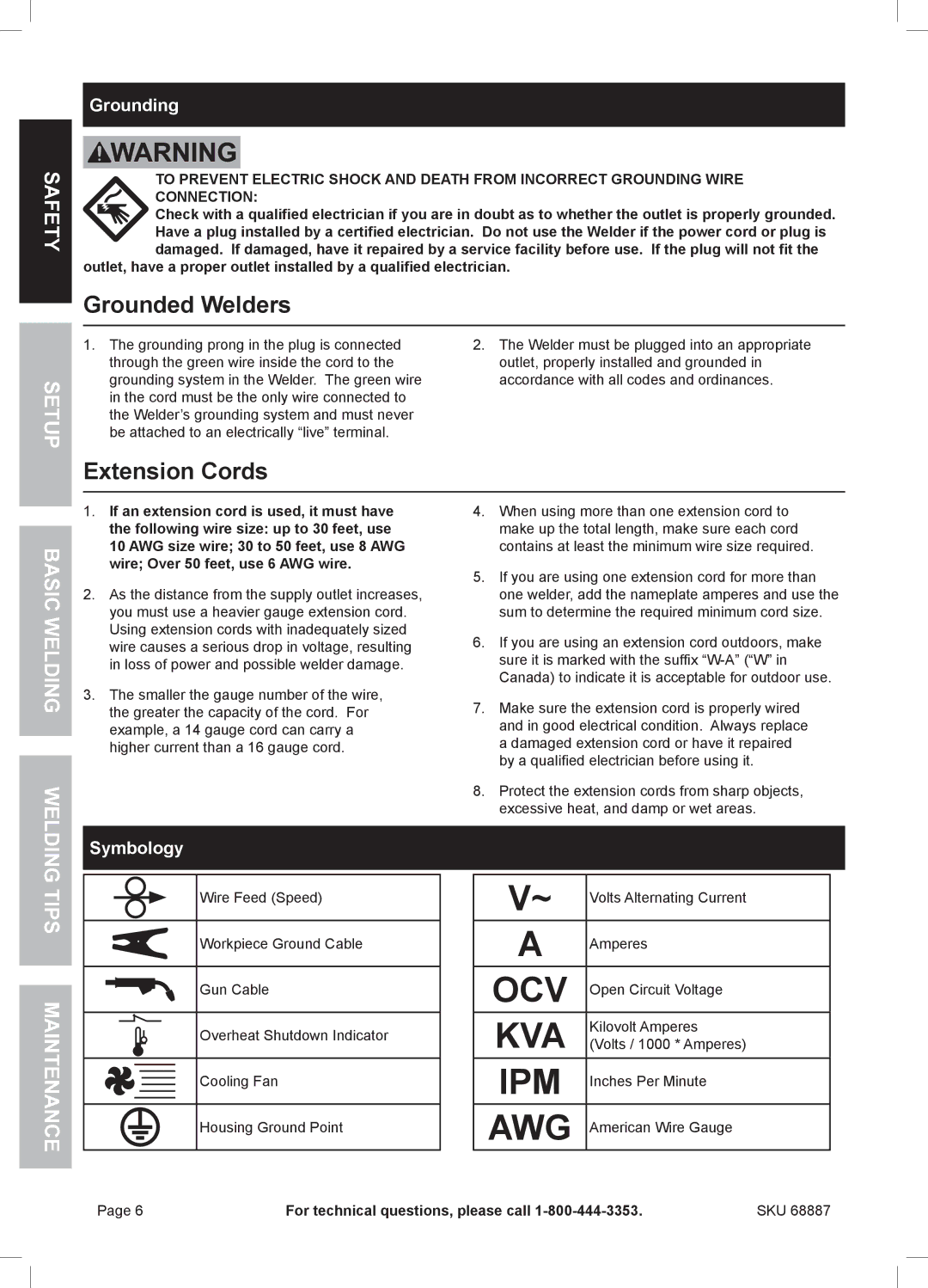 Chicago Electric 68887 manual Grounded Welders, Extension Cords, Tips Maintenance, Grounding, Symbology 