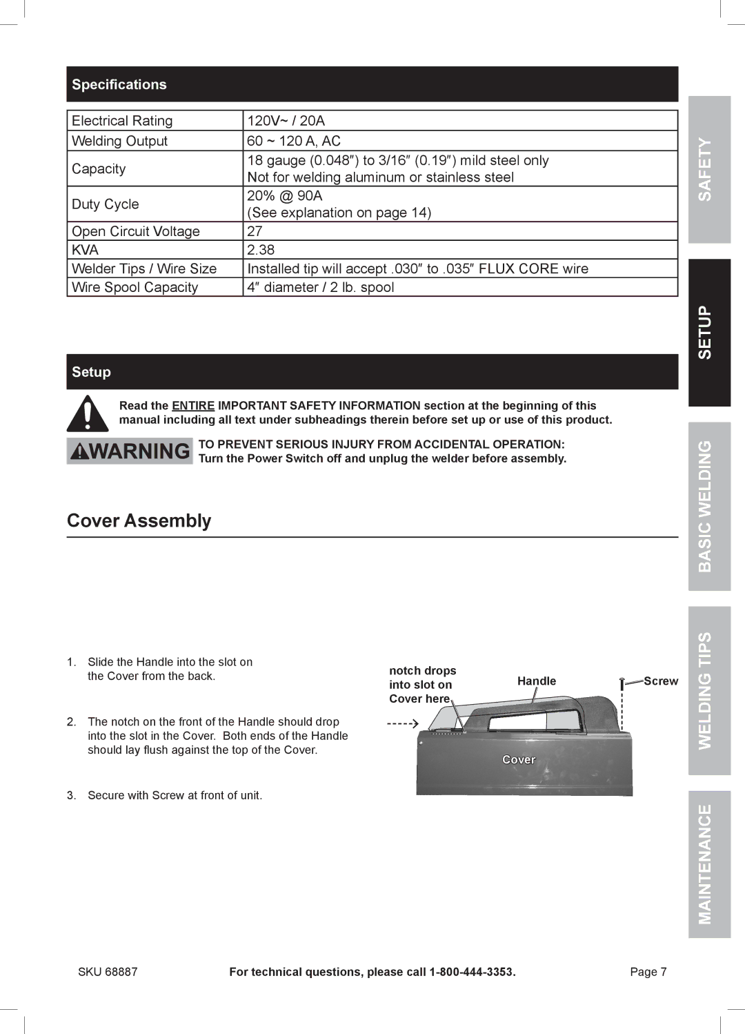 Chicago Electric 68887 manual Cover Assembly, Specifications, Setup, To Prevent Serious Injury from Accidental Operation 