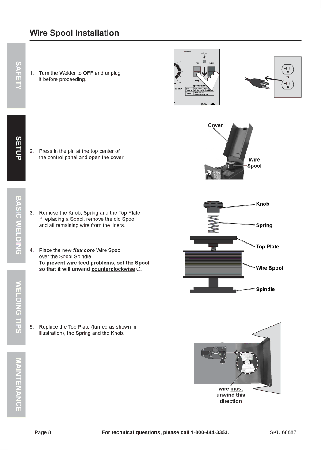 Chicago Electric 68887 manual Wire Spool Installation, Setup Basic Welding, Spindle 