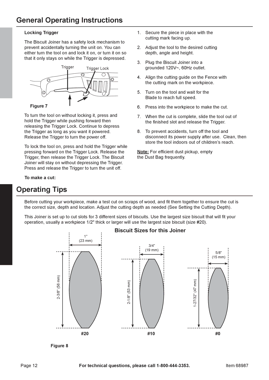 Chicago Electric 68987 owner manual General Operating Instructions, Operating Tips, Biscuit Sizes for this Joiner 