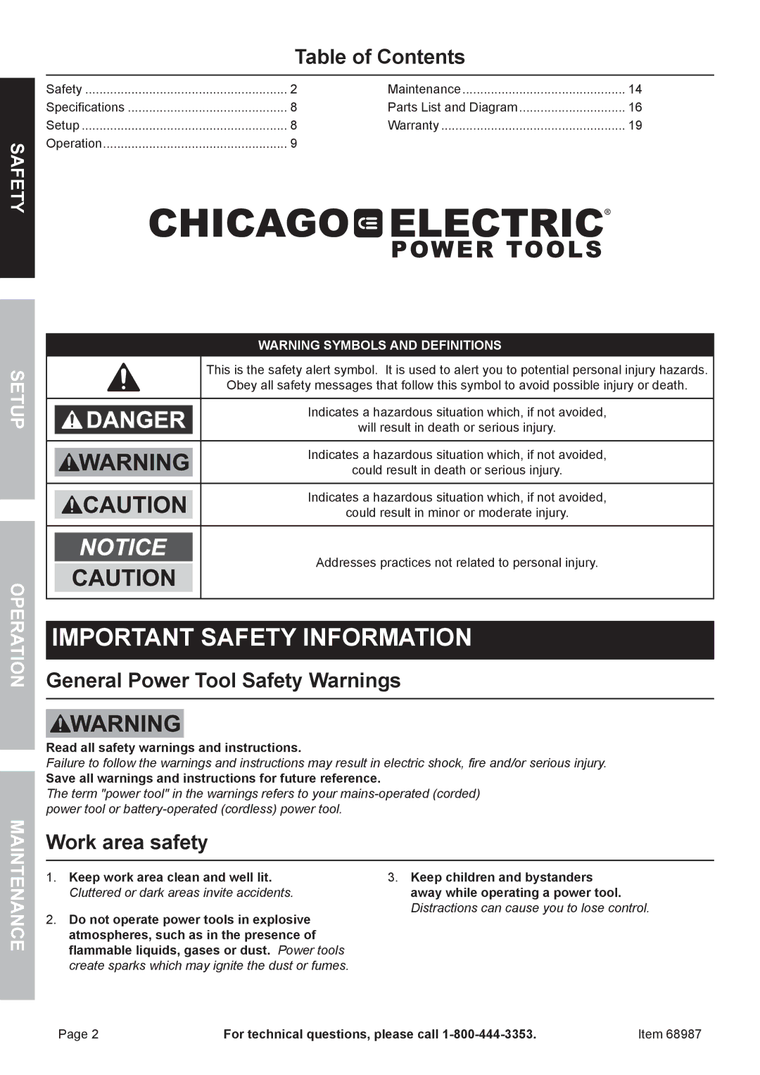 Chicago Electric 68987 owner manual Table of Contents, General Power Tool Safety Warnings, Work area safety 