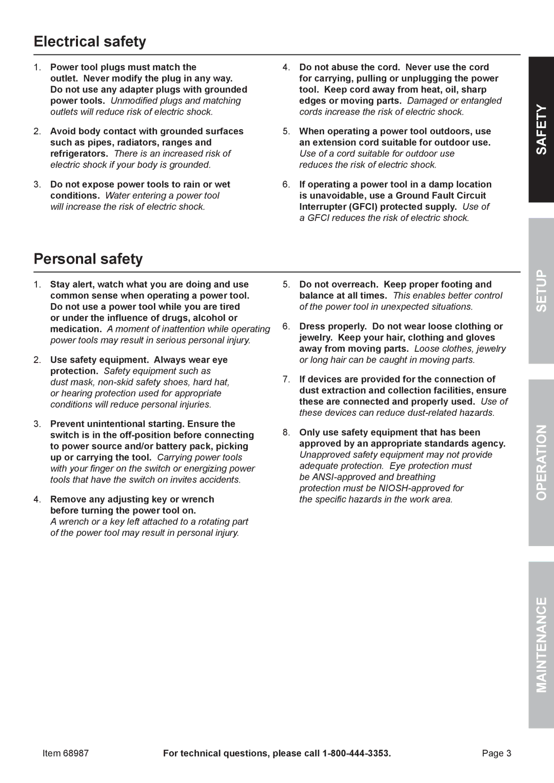 Chicago Electric 68987 owner manual Electrical safety, Personal safety, Power tool plugs must match 