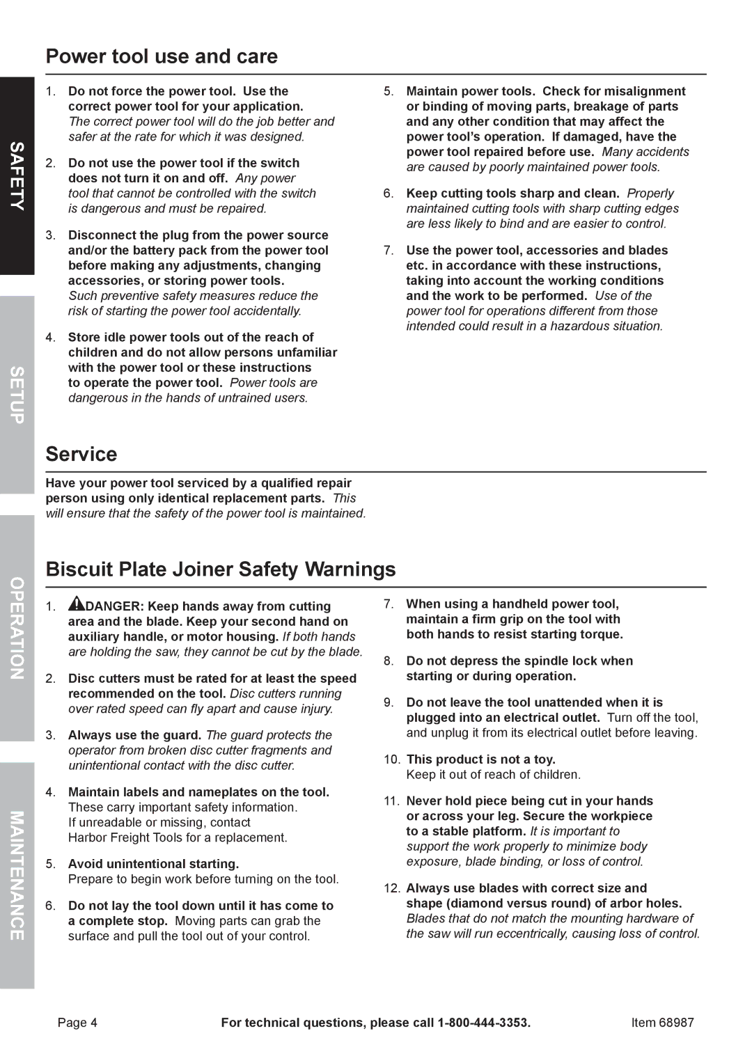 Chicago Electric 68987 owner manual Power tool use and care, Service, Biscuit Plate Joiner Safety Warnings 