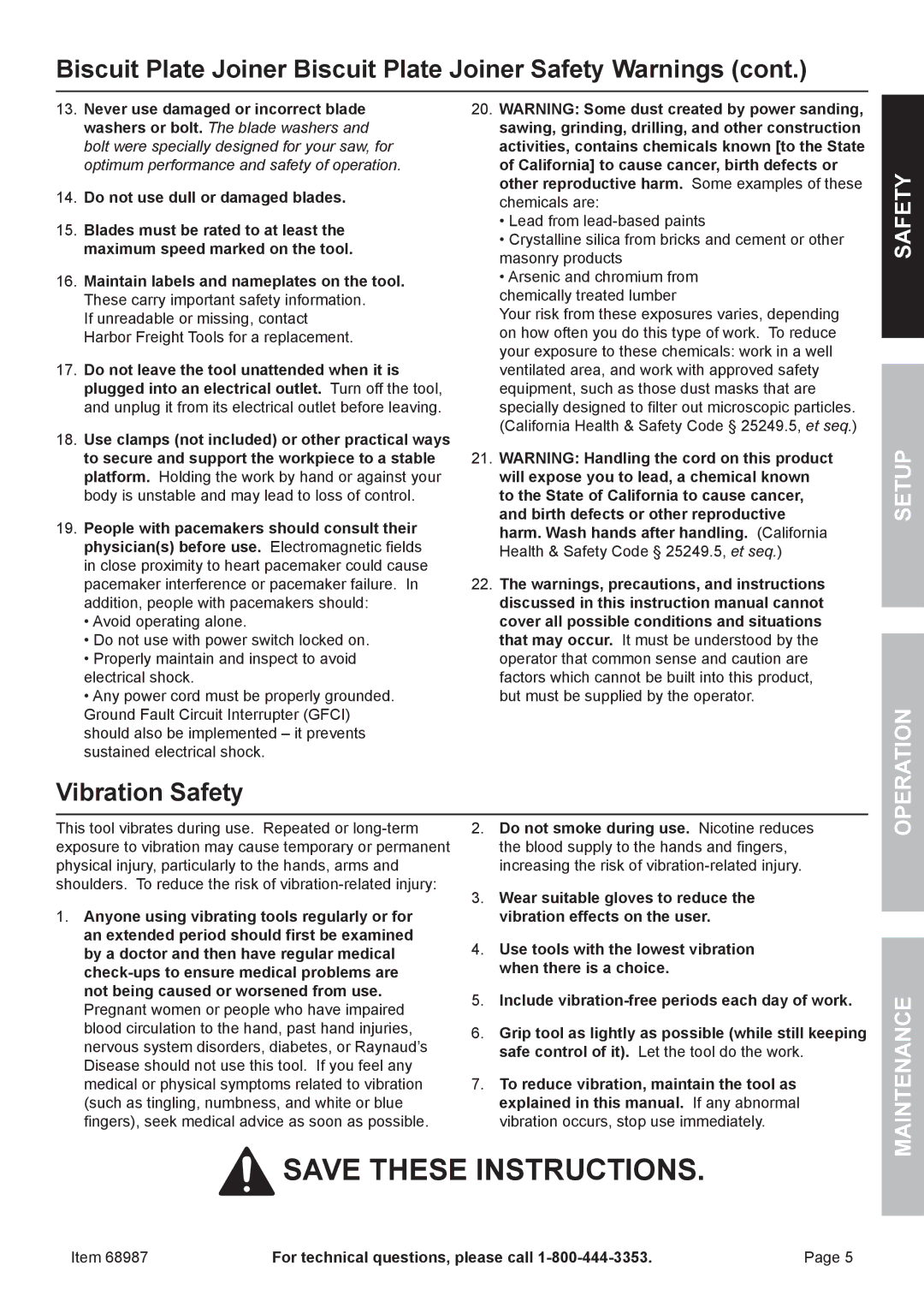 Chicago Electric 68987 owner manual Biscuit Plate Joiner Biscuit Plate Joiner Safety Warnings, Vibration Safety 