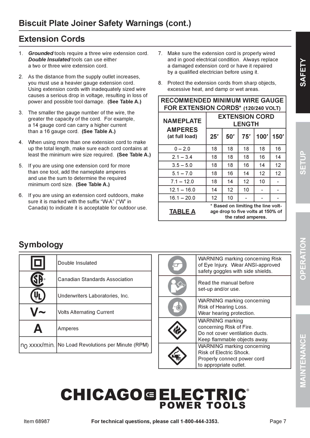 Chicago Electric 68987 owner manual Biscuit Plate Joiner Safety Warnings Extension Cords, Symbology, 25′ 50′ 75′ 