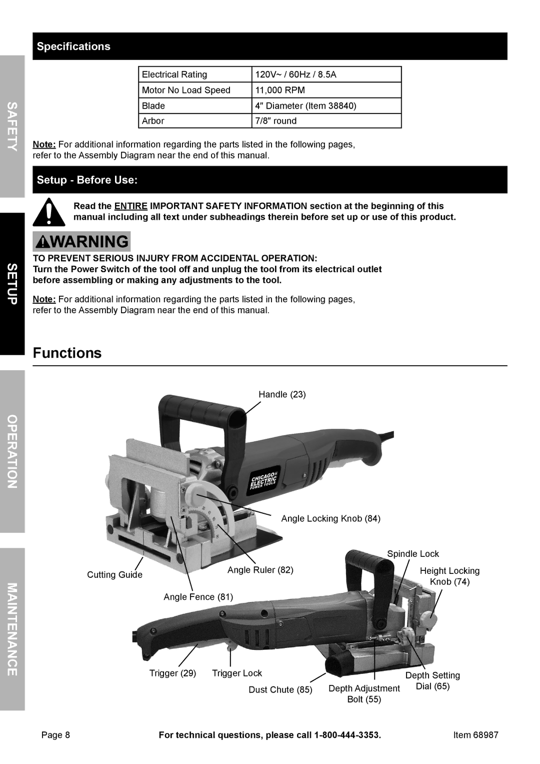 Chicago Electric 68987 owner manual Functions, Specifications, Setup Before Use 