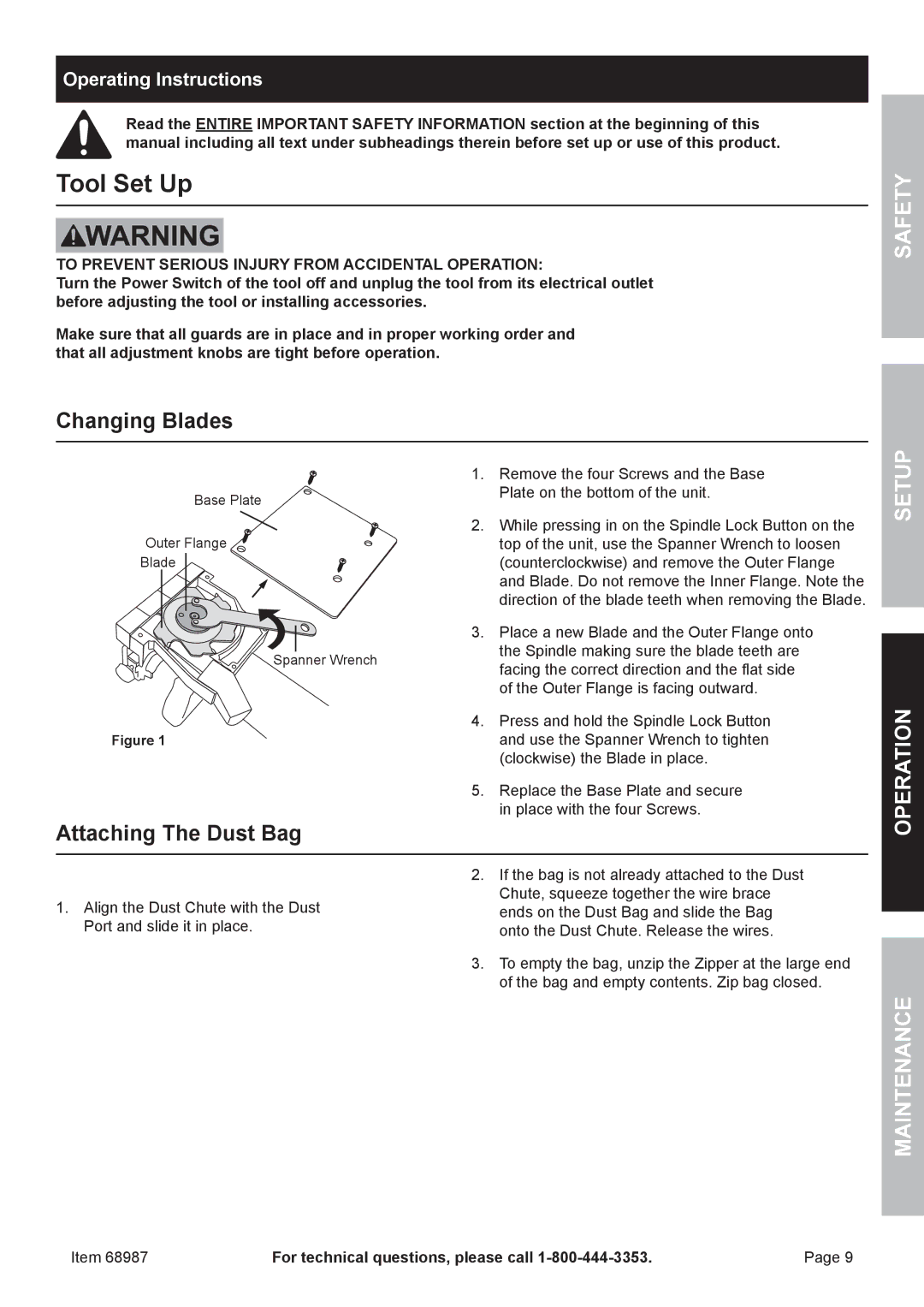 Chicago Electric 68987 owner manual Tool Set Up, Operating Instructions 