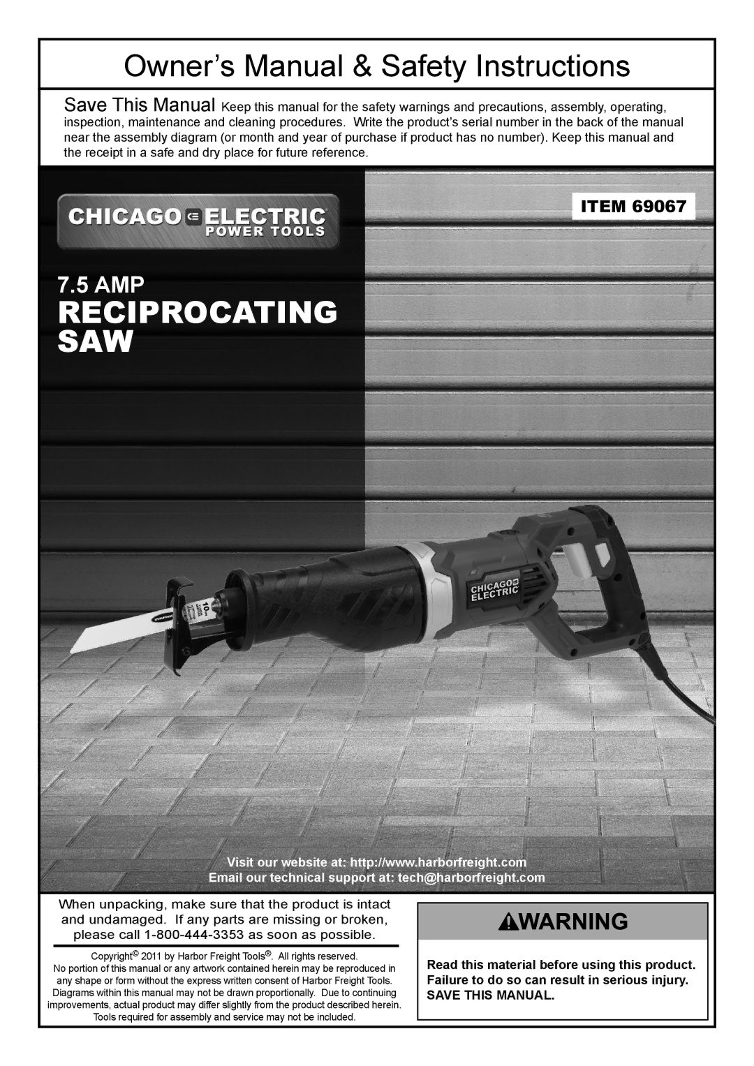 Chicago Electric 69067 owner manual Reciprocating SAW 