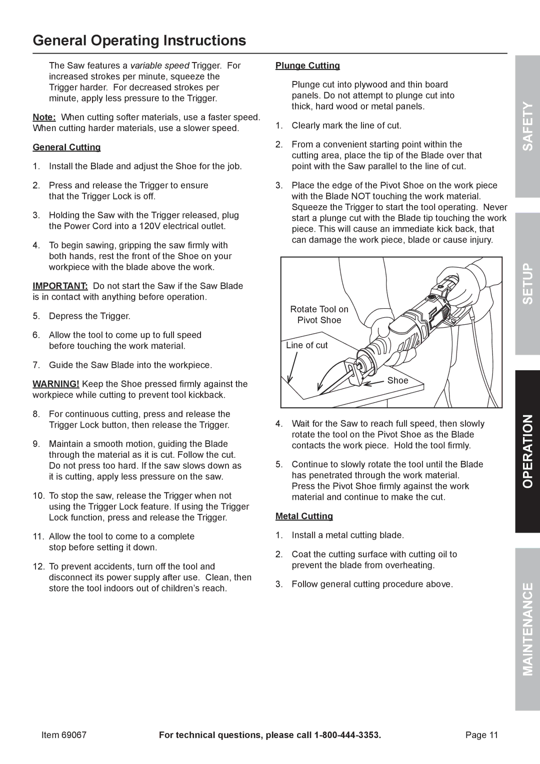 Chicago Electric 69067 owner manual General Operating Instructions, General Cutting, Plunge Cutting, Metal Cutting 