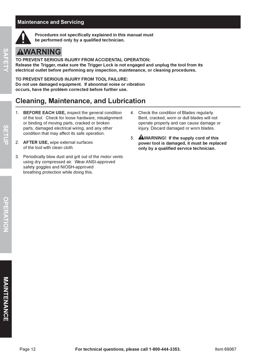 Chicago Electric 69067 owner manual Cleaning, Maintenance, and Lubrication, Maintenance and Servicing 