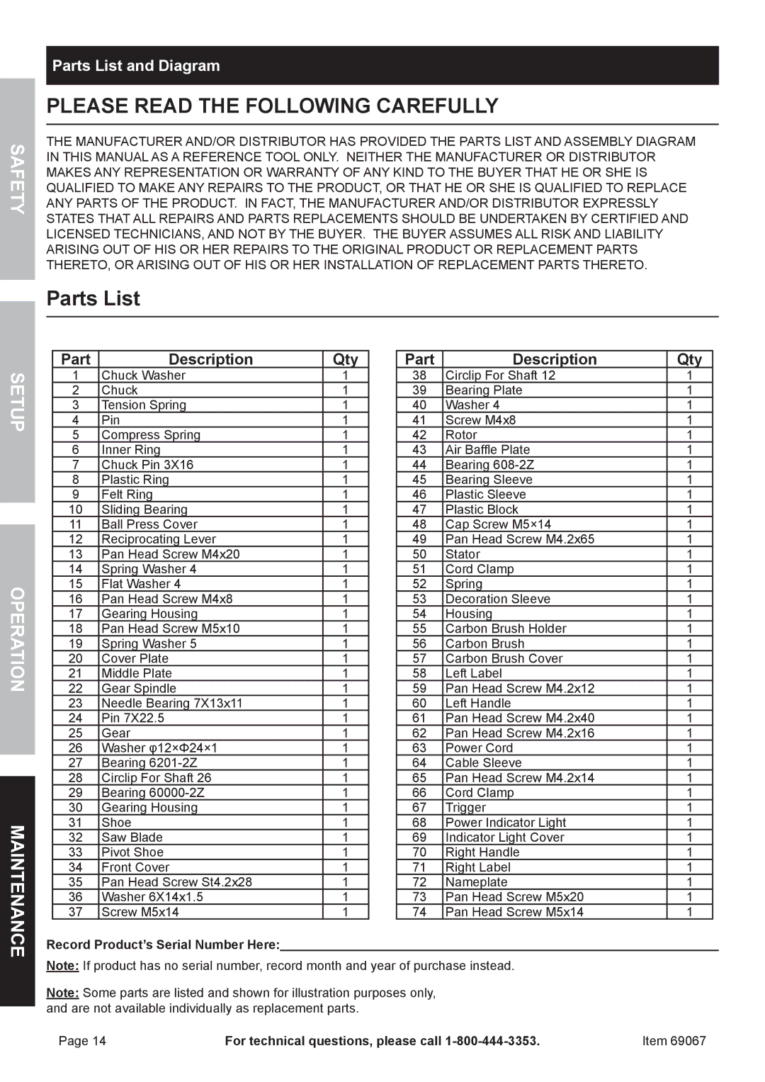 Chicago Electric 69067 owner manual Parts List and Diagram 