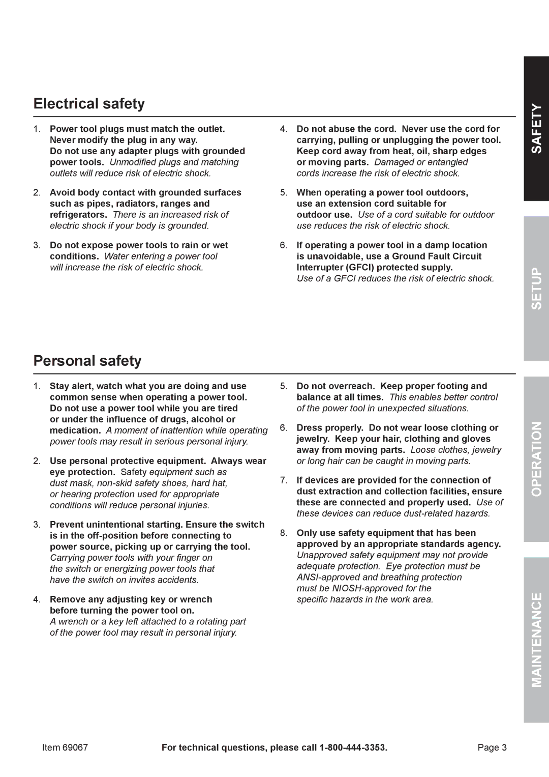 Chicago Electric 69067 owner manual Electrical safety, Personal safety 