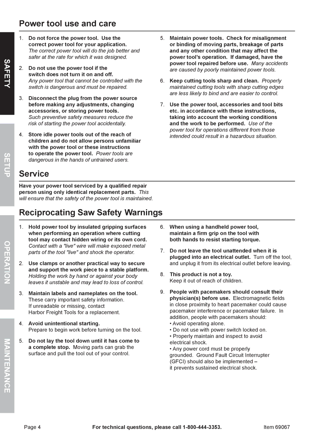 Chicago Electric 69067 Power tool use and care, Service, Reciprocating Saw Safety Warnings, Avoid unintentional starting 