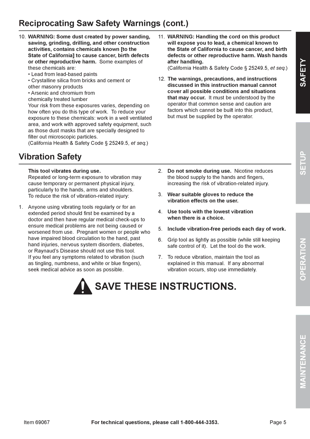 Chicago Electric 69067 owner manual Vibration Safety, This tool vibrates during use 