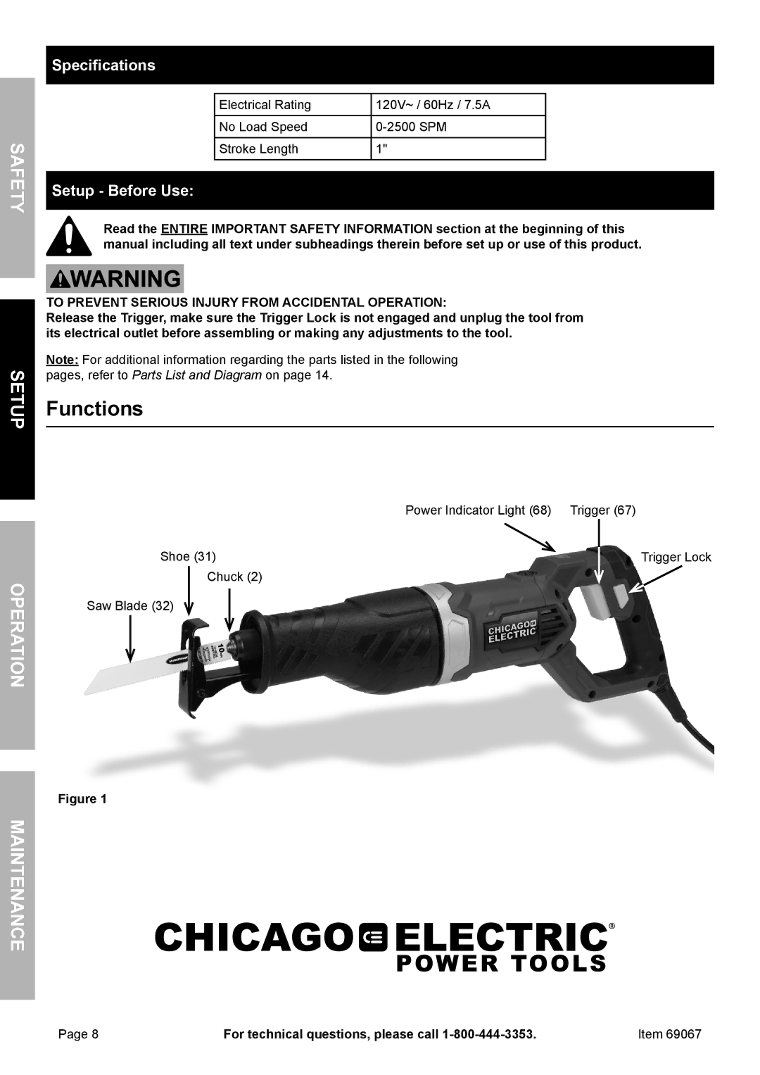 Chicago Electric 69067 owner manual Functions, Specifications, Setup Before Use 