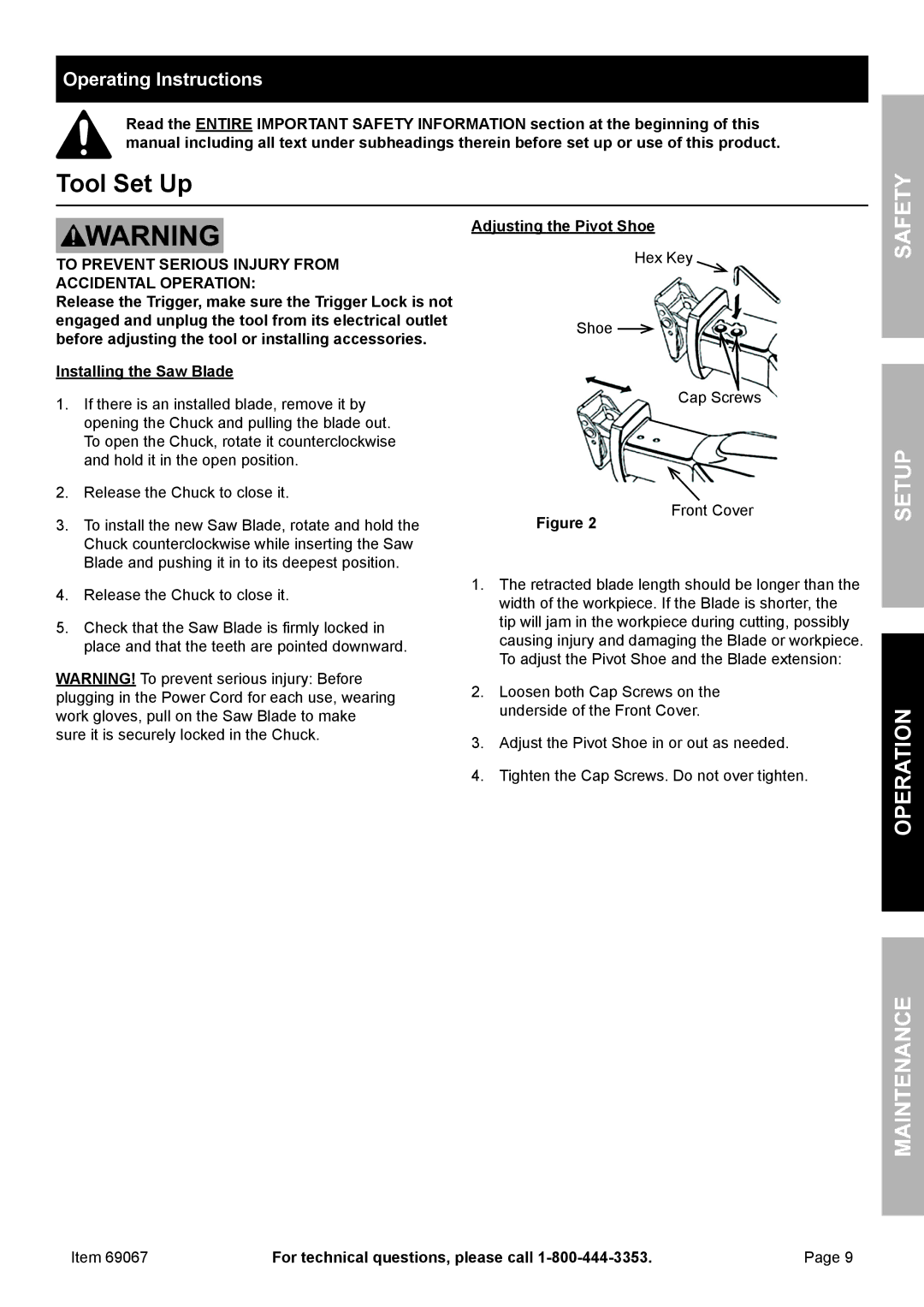 Chicago Electric 69067 owner manual Tool Set Up, Operating Instructions, Installing the Saw Blade 