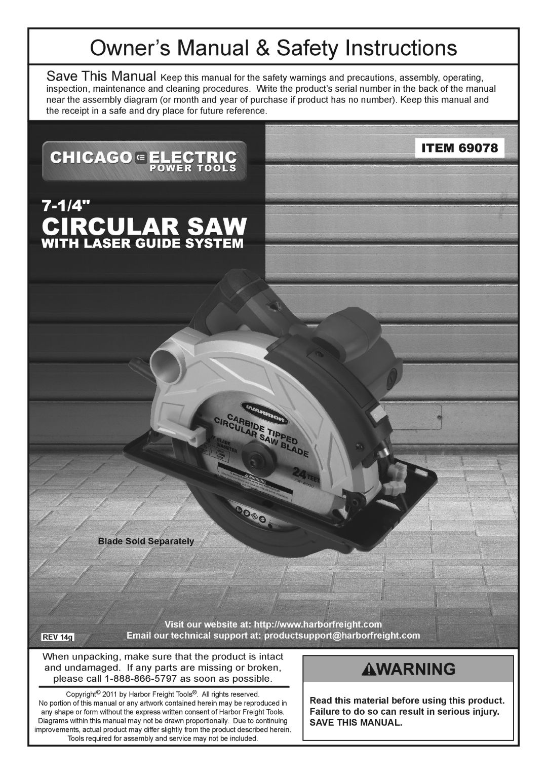 Chicago Electric 69078 owner manual Blade Sold Separately, Copyright 2011 by Harbor Freight Tools. All rights reserved 