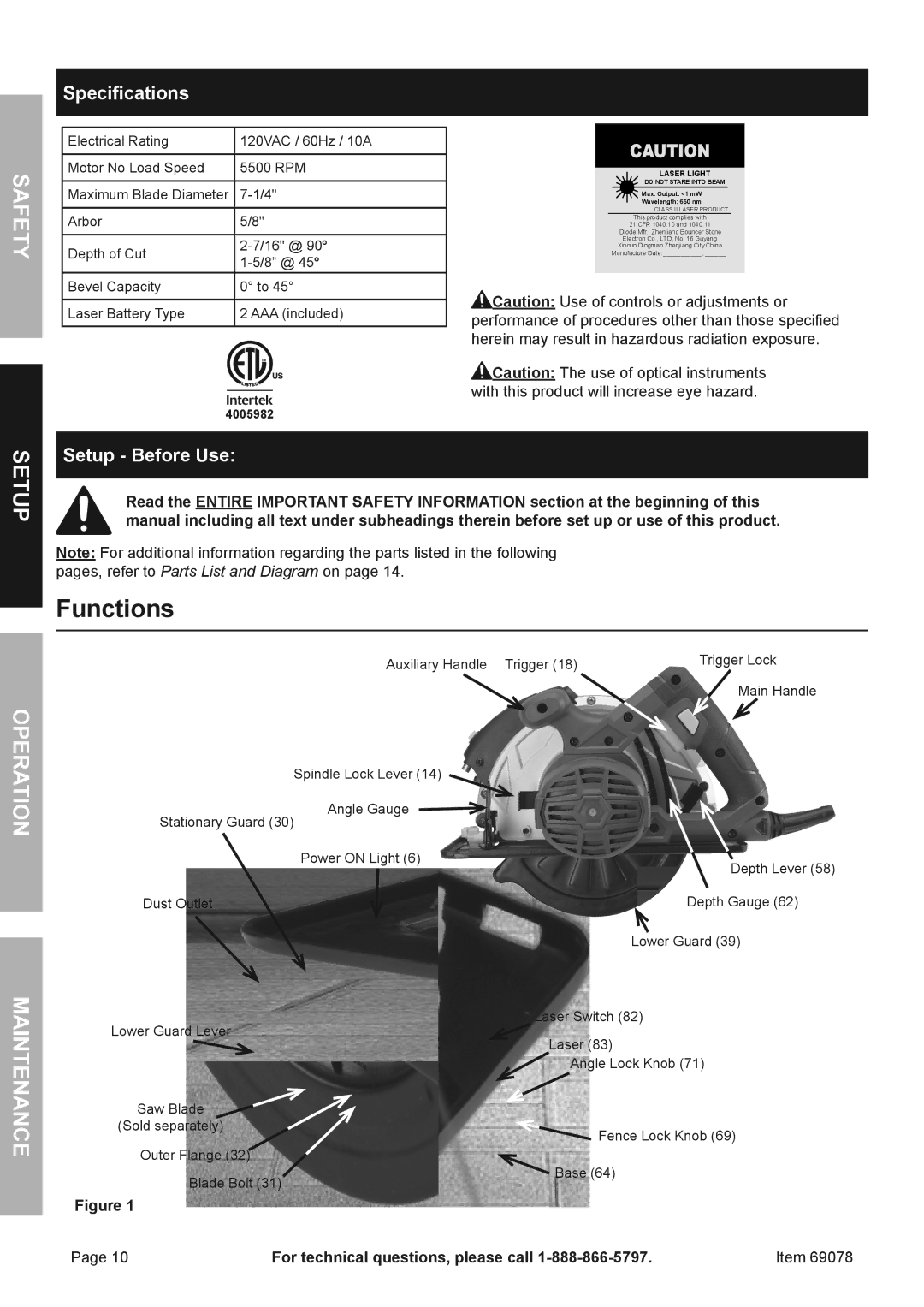 Chicago Electric 69078 owner manual Functions, Specifications, Setup Before Use 