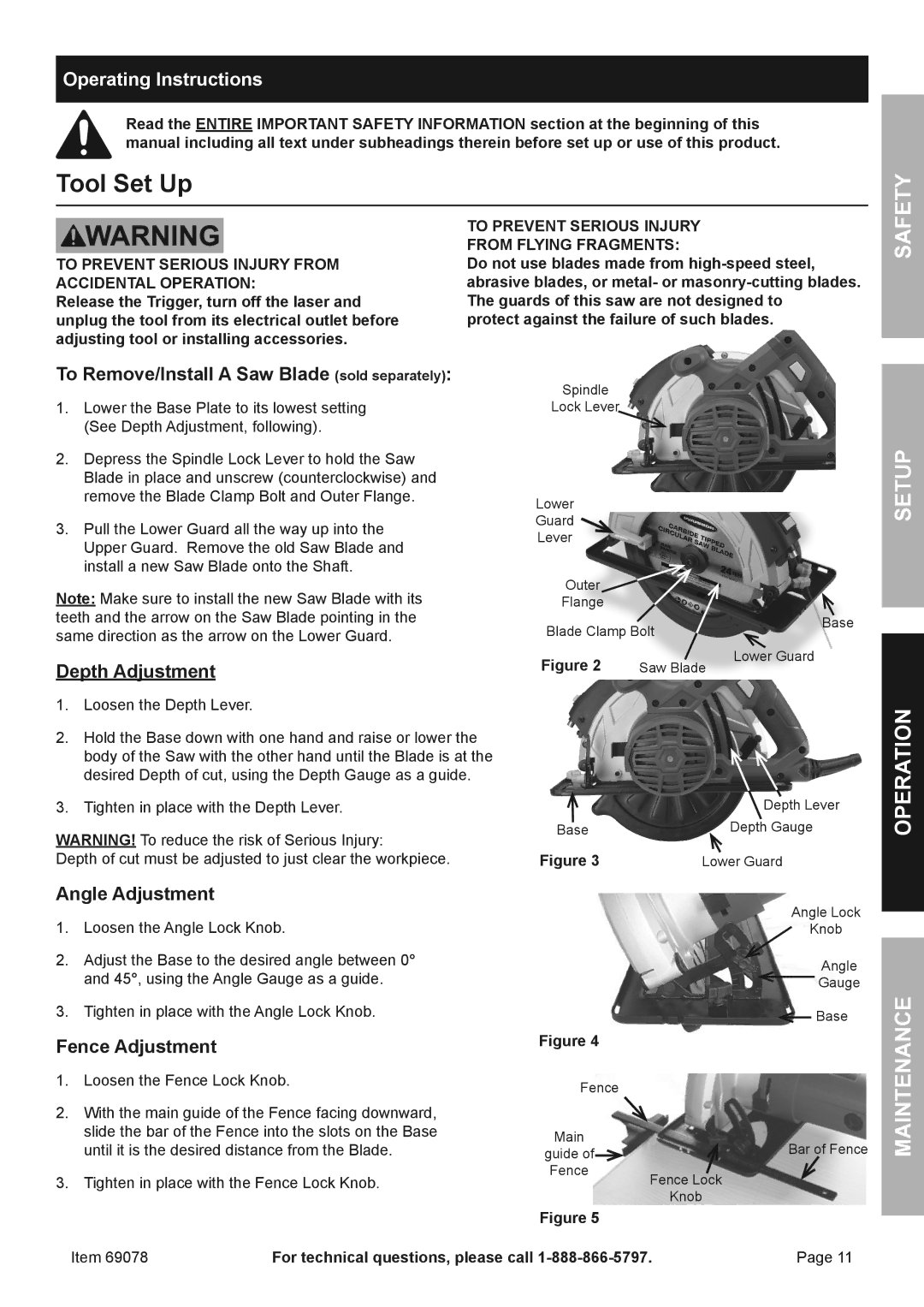 Chicago Electric 69078 owner manual Tool Set Up, Safety Setup Operation, Operating Instructions 