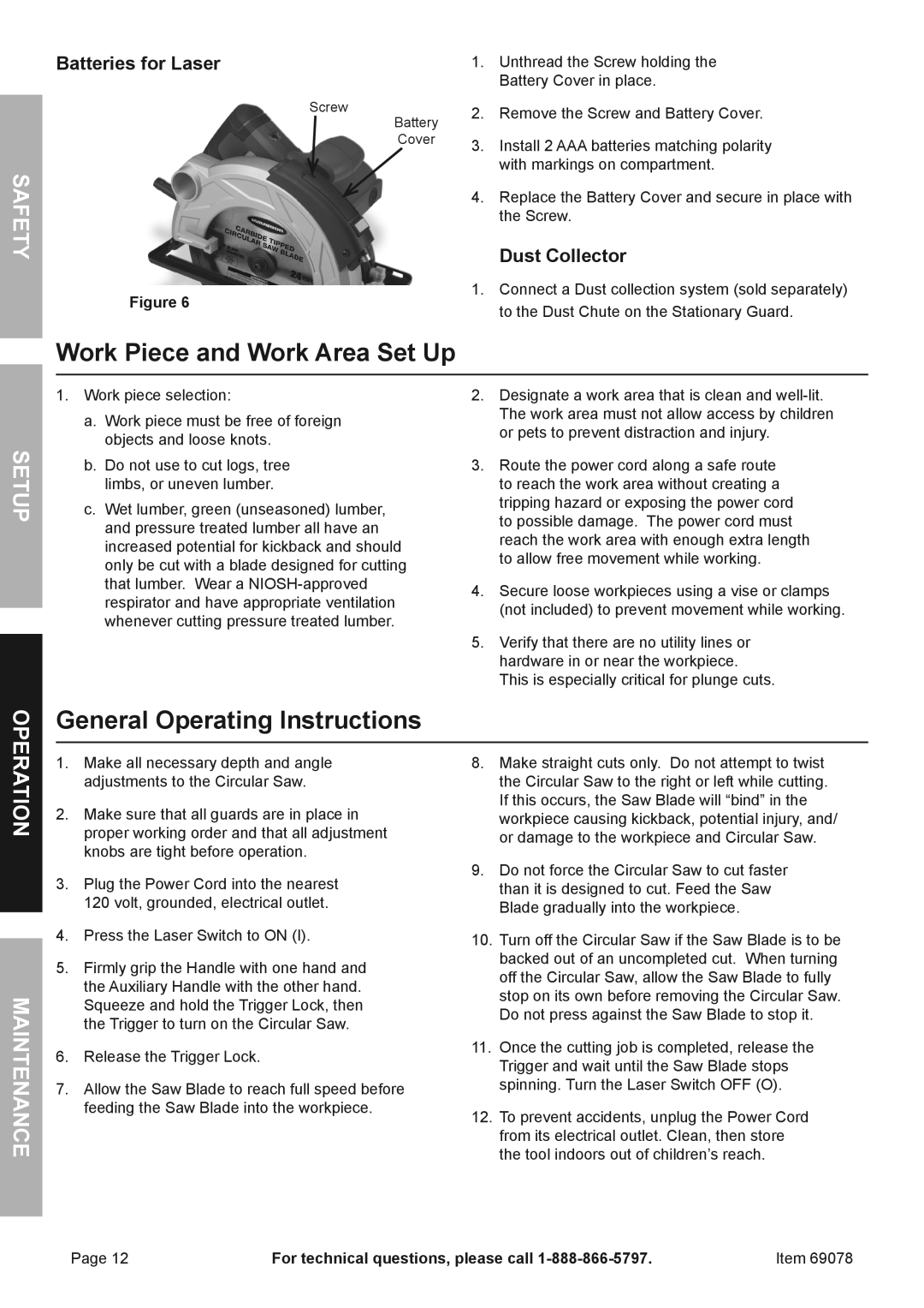 Chicago Electric 69078 owner manual Work Piece and Work Area Set Up, General Operating Instructions, Batteries for Laser 