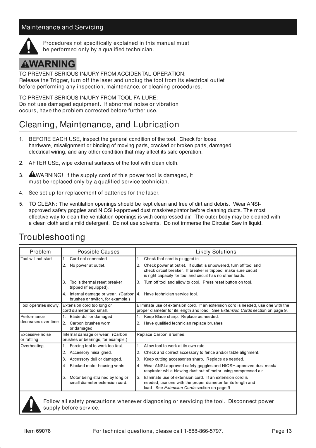 Chicago Electric 69078 owner manual Cleaning, Maintenance, and Lubrication, Troubleshooting, Maintenance and Servicing 