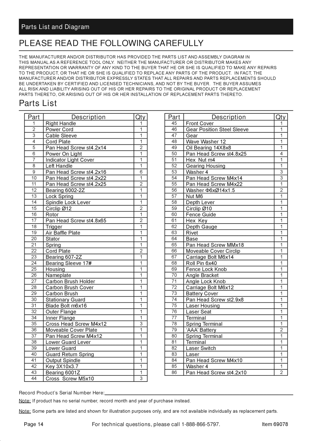 Chicago Electric 69078 owner manual Setup Operation, Parts List and Diagram 