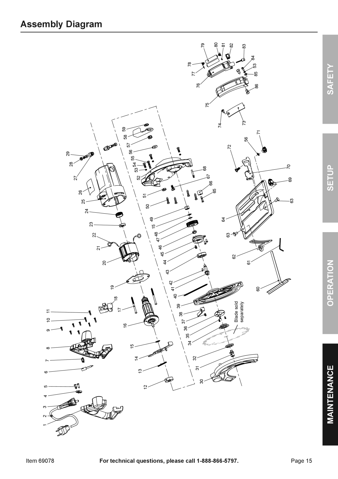 Chicago Electric 69078 owner manual Assembly Diagram, Maintenance Operation Setup Safety 