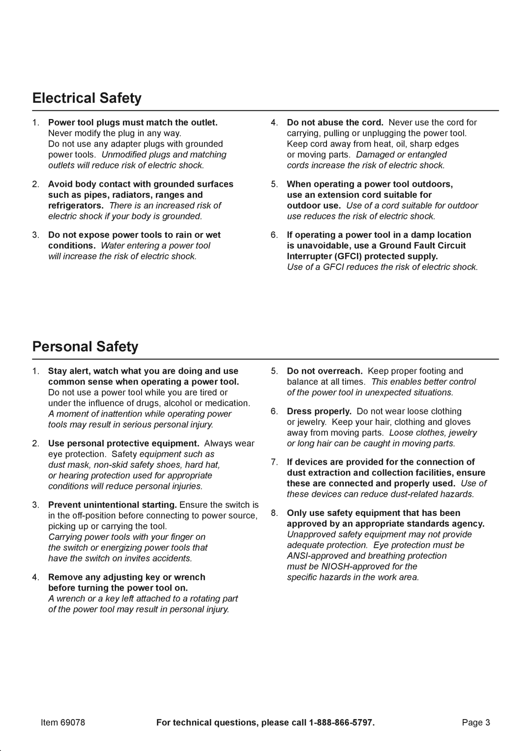 Chicago Electric 69078 owner manual Electrical Safety, Personal Safety, Safety Setup Operation Maintenance 