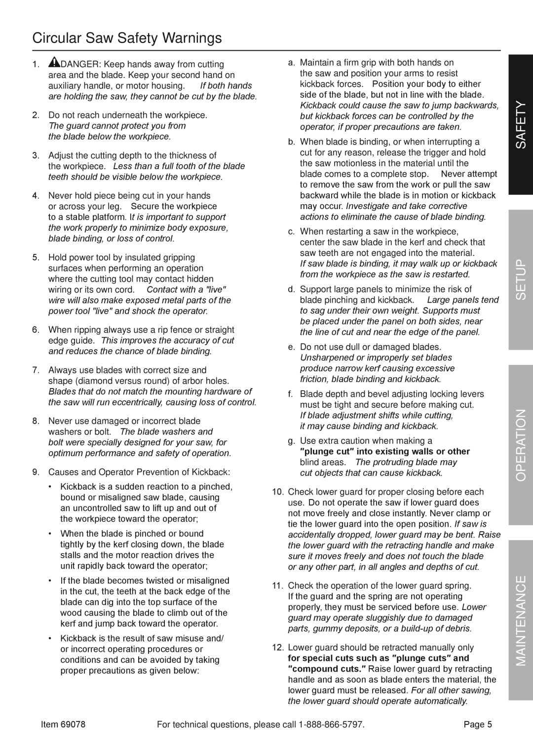 Chicago Electric 69078 owner manual Circular Saw Safety Warnings, Do not reach underneath the workpiece 