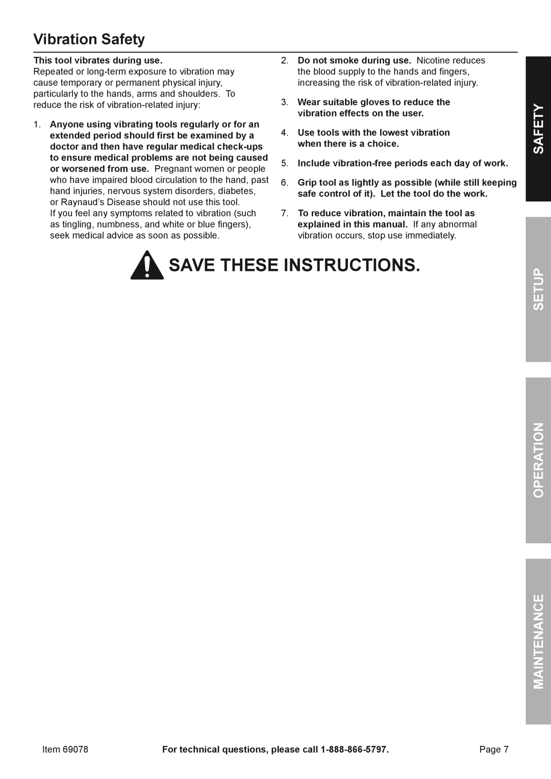 Chicago Electric 69078 owner manual Vibration Safety, This tool vibrates during use 