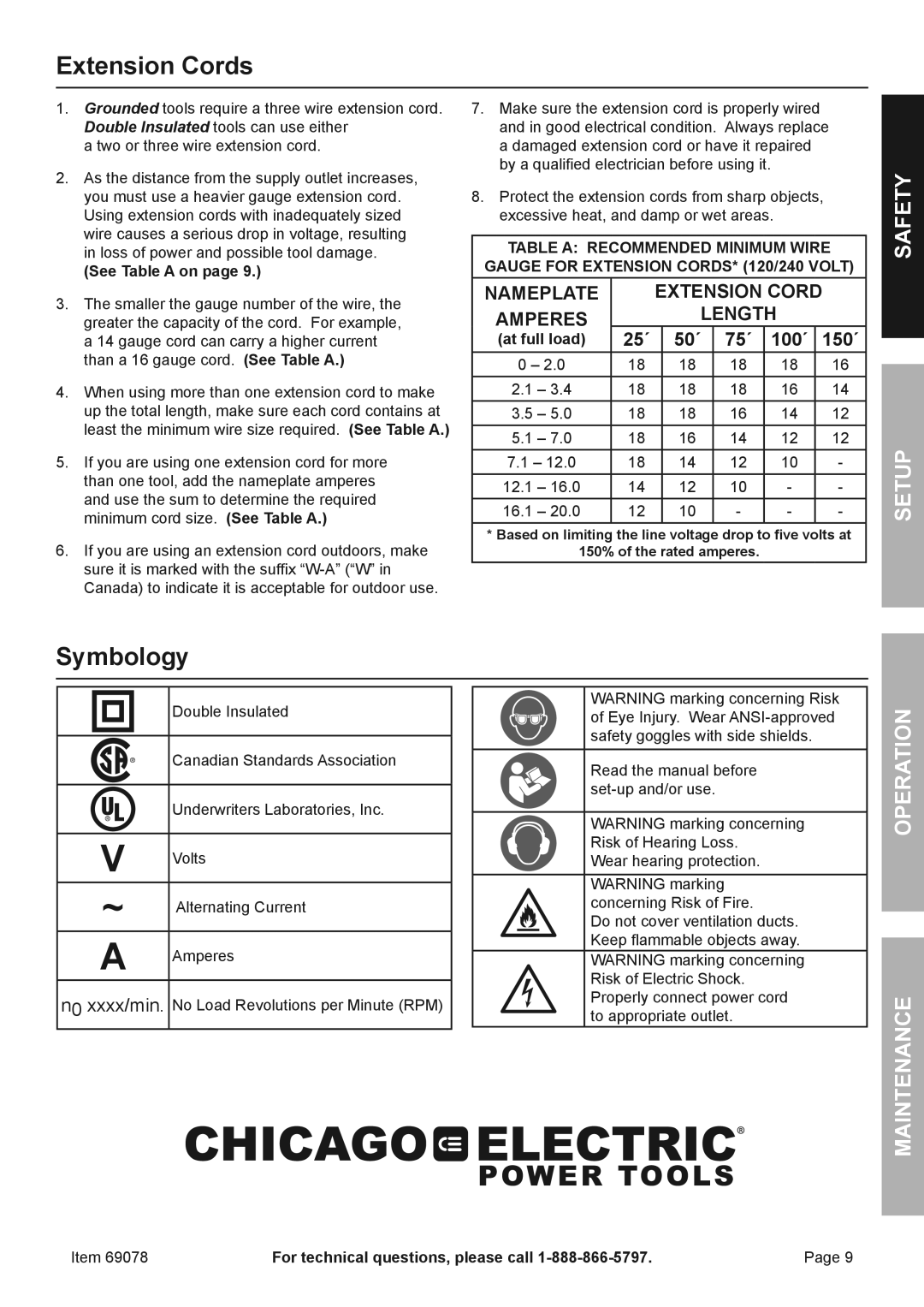 Chicago Electric 69078 owner manual Extension Cords, Symbology, Safety Setup, 25´ 50´ 75´ 100´ 150´ 