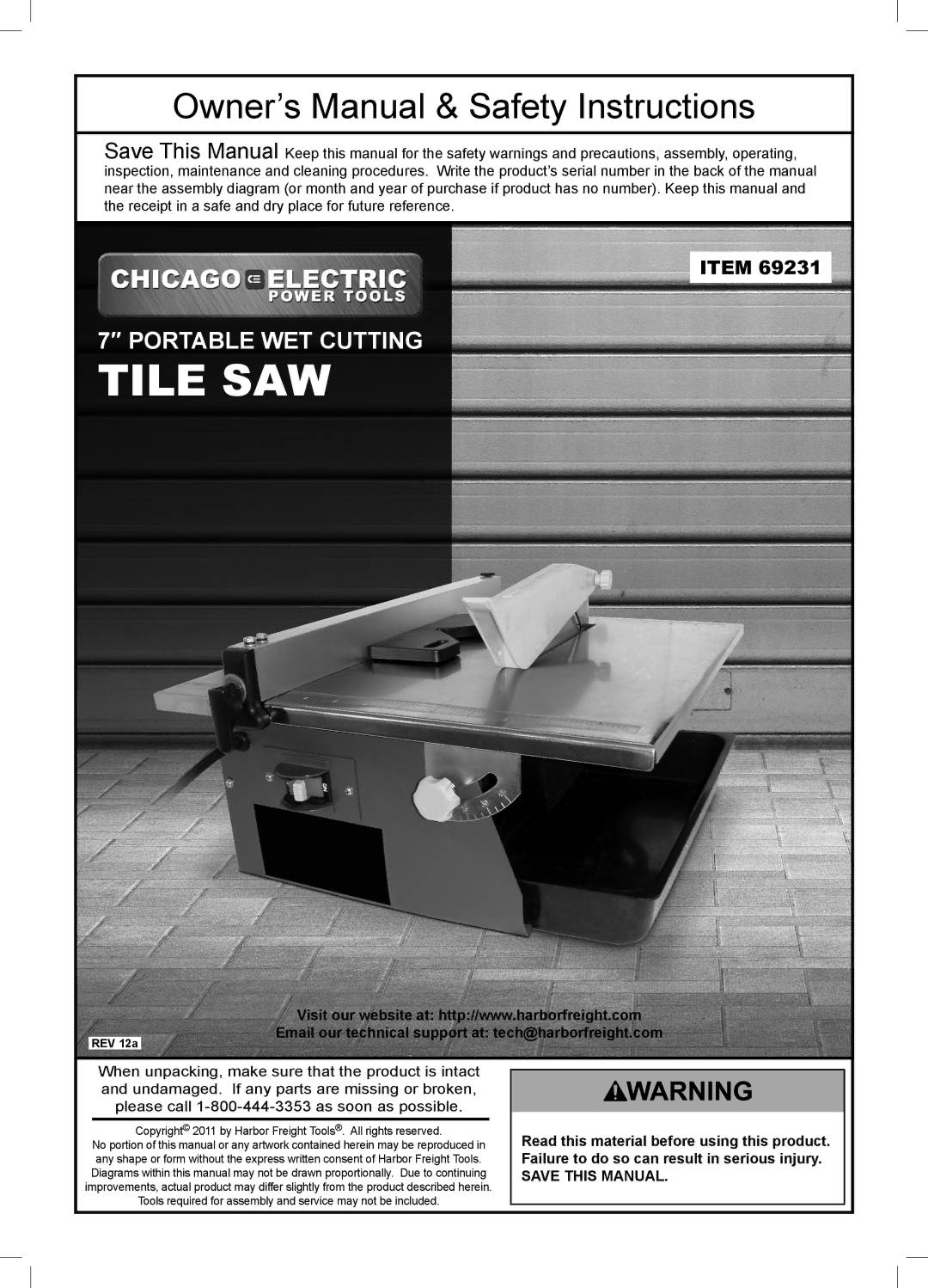 Chicago Electric 69231 owner manual Tile SAW, Email our technical support at tech@harborfreight.com 