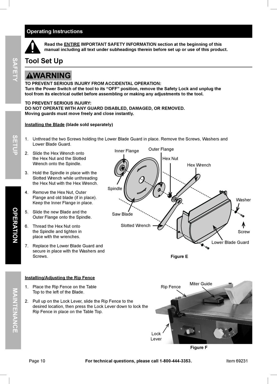 Chicago Electric 69231 owner manual Tool Set Up, Operating Instructions, Installing/Adjusting the Rip Fence 