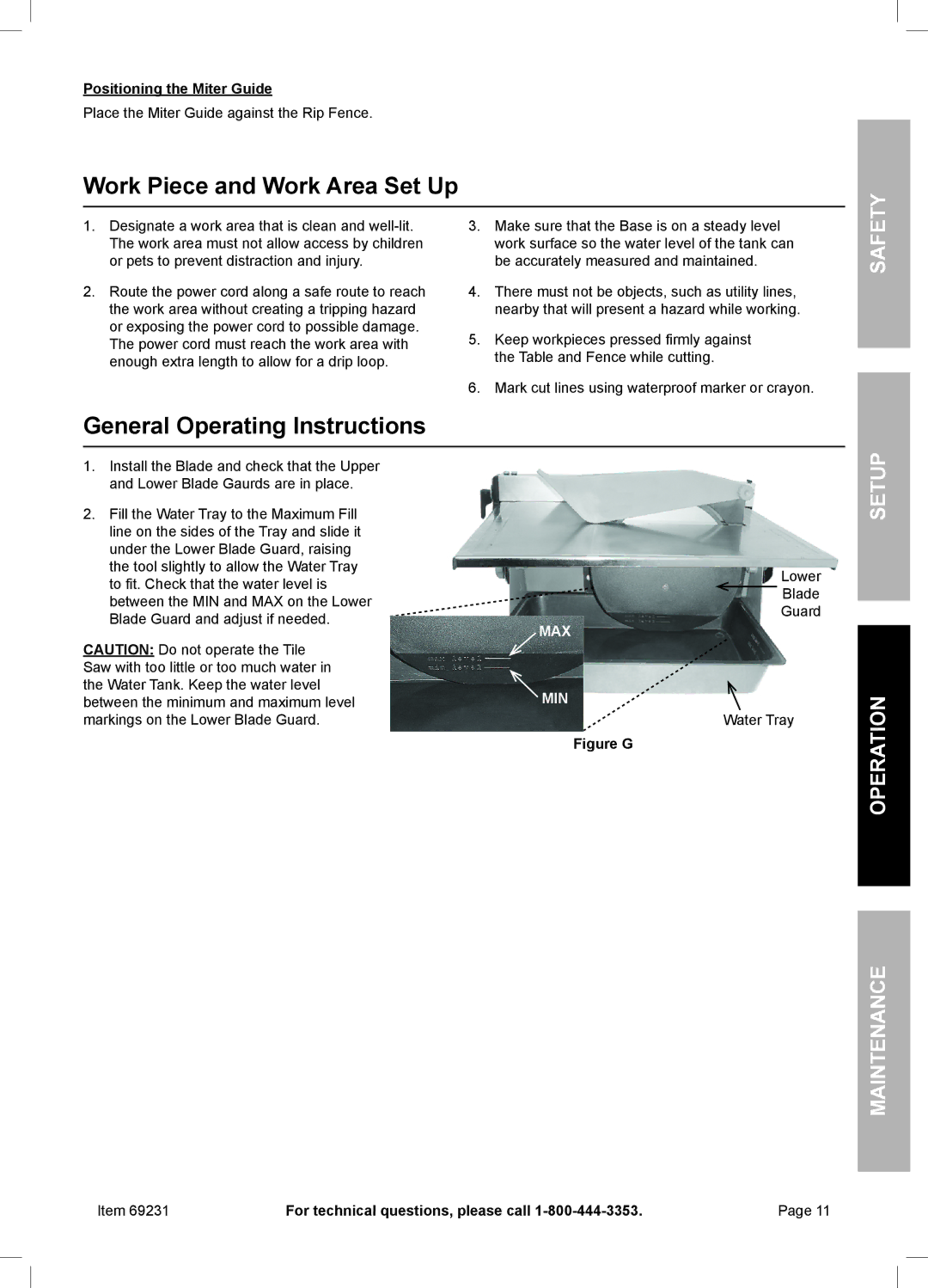 Chicago Electric 69231 Work Piece and Work Area Set Up, General Operating Instructions, Positioning the Miter Guide 