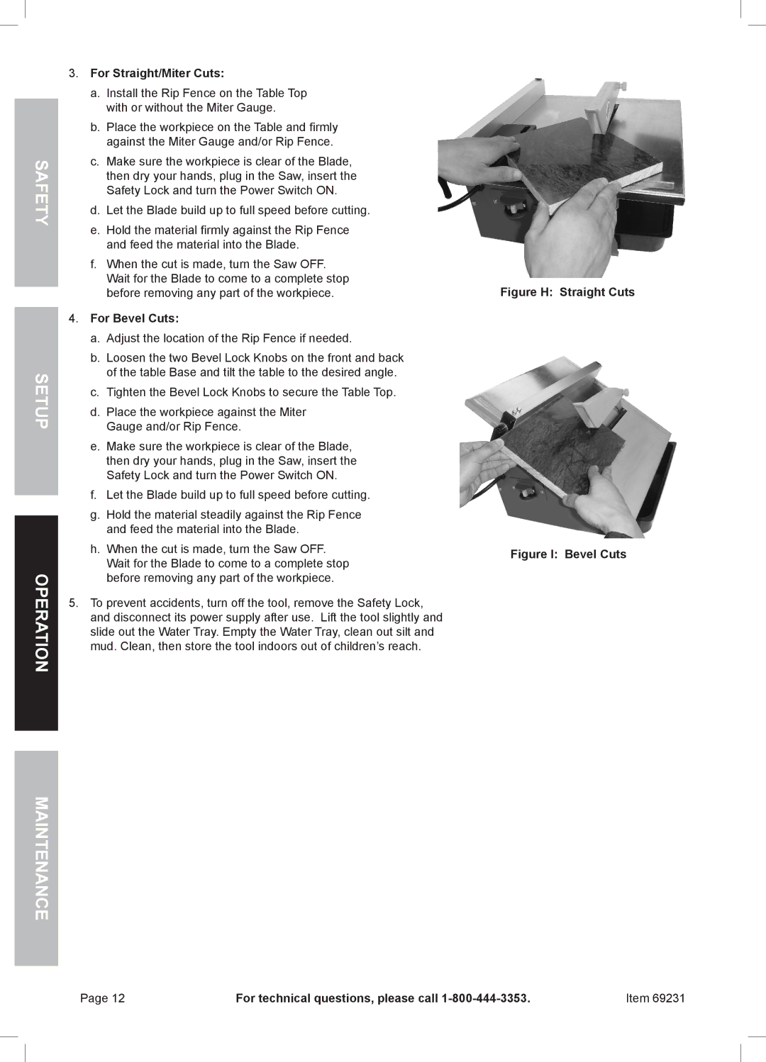 Chicago Electric 69231 owner manual For Straight/Miter Cuts, For Bevel Cuts 