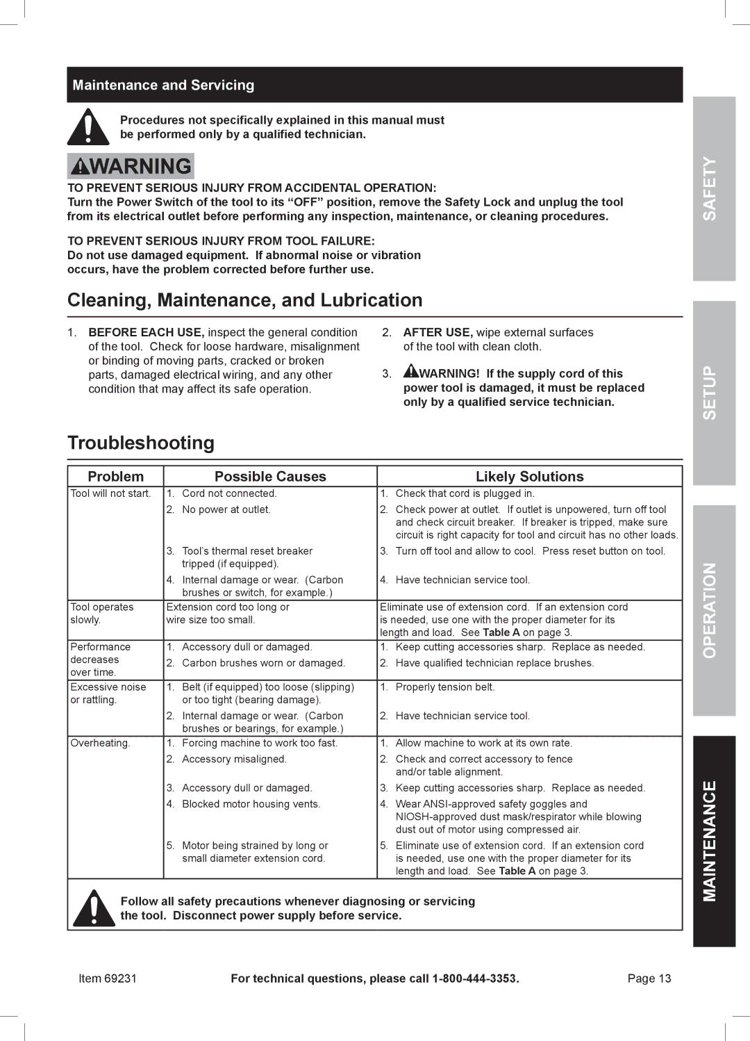 Chicago Electric 69231 owner manual Cleaning, Maintenance, and Lubrication, Troubleshooting, Maintenance and Servicing 