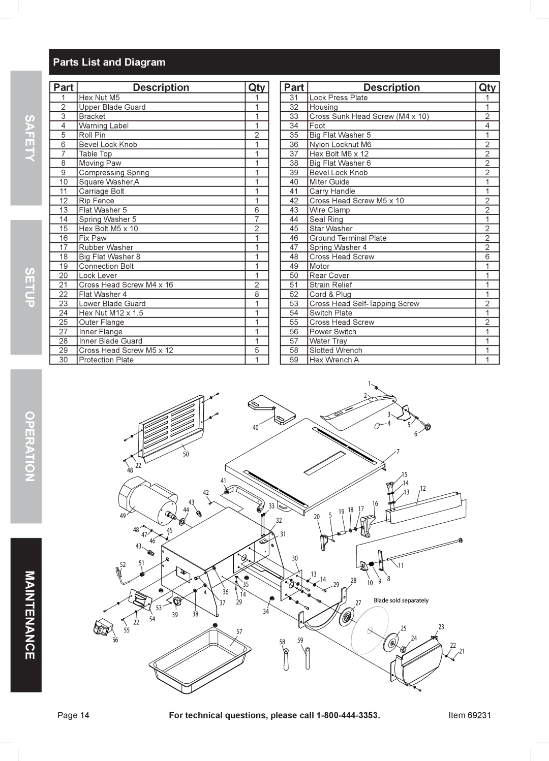 Chicago Electric 69231 owner manual Parts List and Diagram, Part Description Qty 