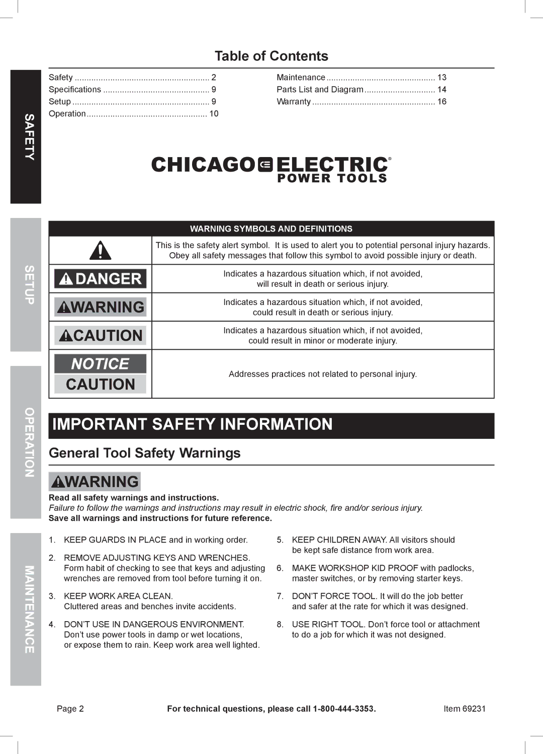 Chicago Electric 69231 owner manual Table of Contents, General Tool Safety Warnings 