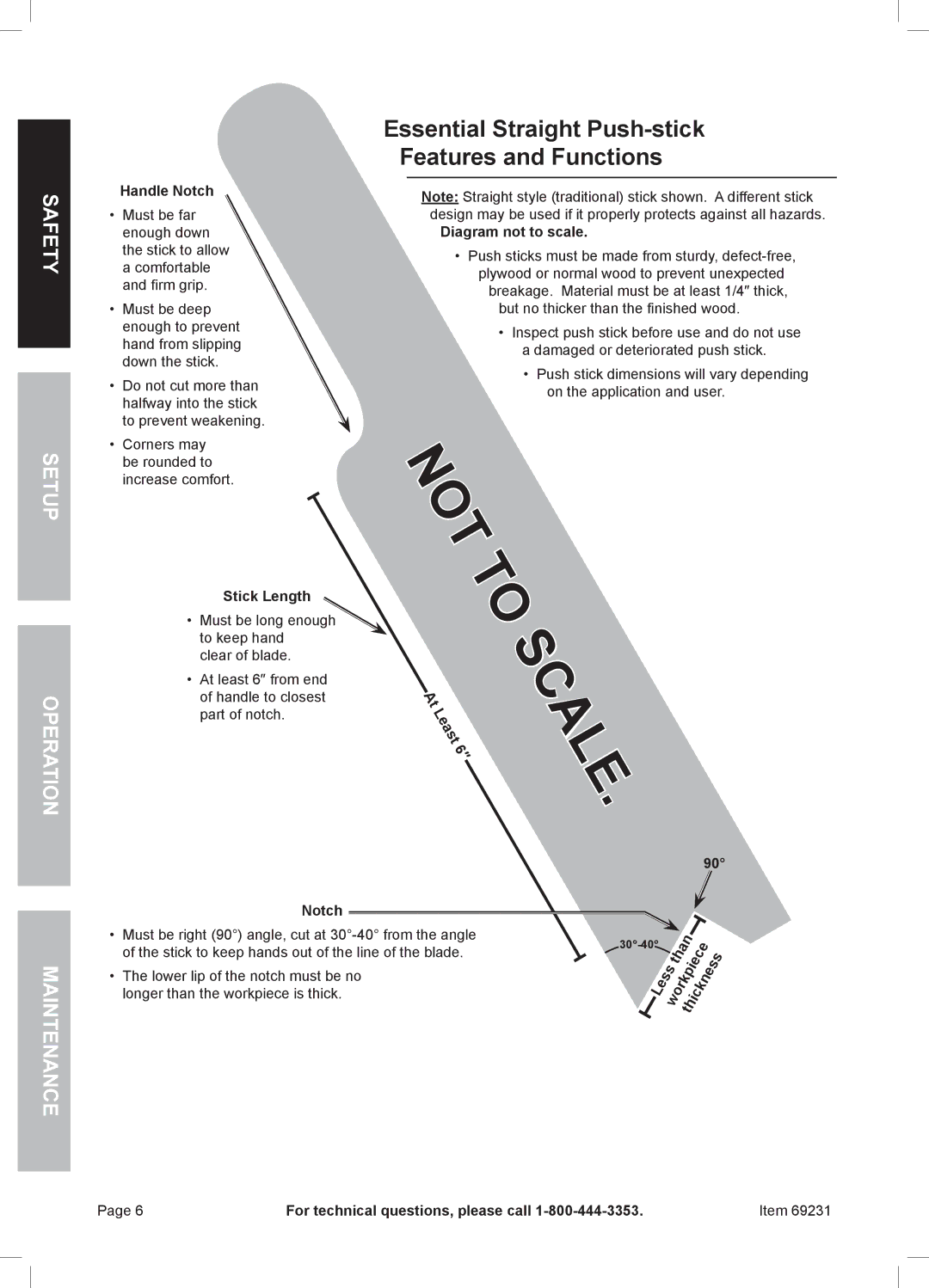 Chicago Electric 69231 owner manual Essential Straight Push-stick Features and Functions, Handle Notch, Stick Length 