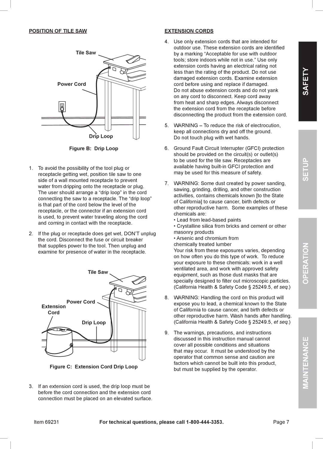 Chicago Electric 69231 owner manual Tile Saw Power Cord Drip Loop 